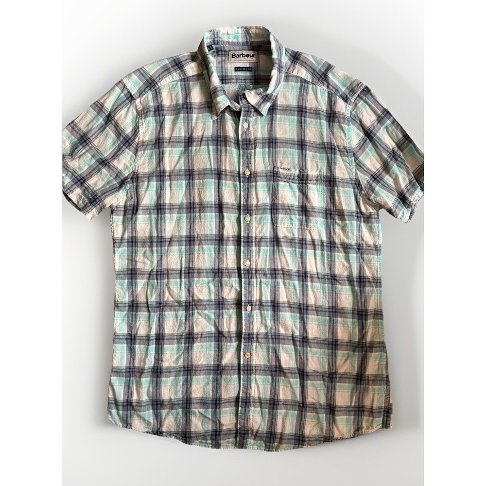 Barbour Shirt Mens L Green Blue Plaid Button Up Linen/Cotton Tailored Fit‎